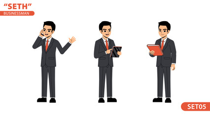 Seth Business Man Working Call Phone Sale Holding Folder Pose Standing Character Design Set