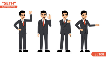 Seth Business Man Say Hi Ok Point Advice Body Language Pose Standing Character Design Set