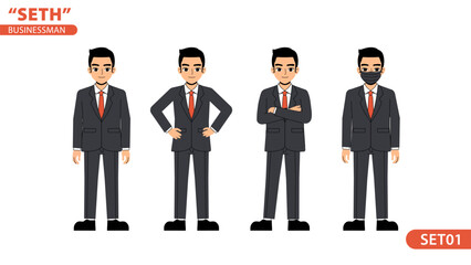 Seth Business Man Wearing A Hygienic Mask, Crossed Arms, Akimbo Front Pose Standing Character Design Set