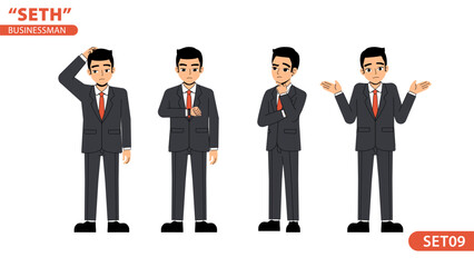 Seth Business Man Thinking Time Watch Boring Body Language Pose Standing Character Design Set