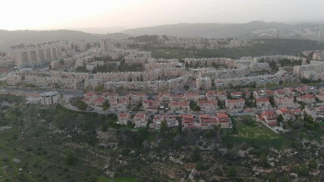 Aerial view over Gilo neighborhood buildings, Israel,2023

Israeli settlement in south-western East Jerusalem, Drone view, Israel 2023 
