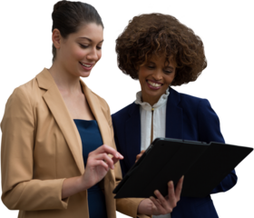Smiling women watching tablet