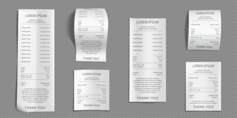 Realistic set of shop receipts isolated on transparent background. Vector illustration of cash paper bill, purchase invoice. Supermarket shopping check with prices, total cost