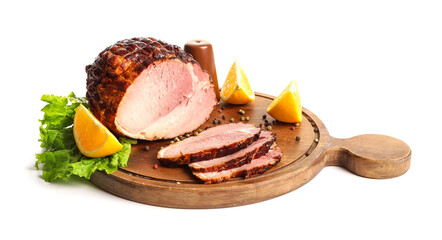Wooden board with tasty smoked ham isolated on white background