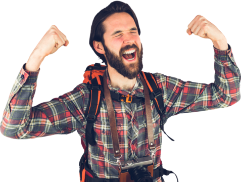 Excited adventurer with arms raised  - Powered by Adobe