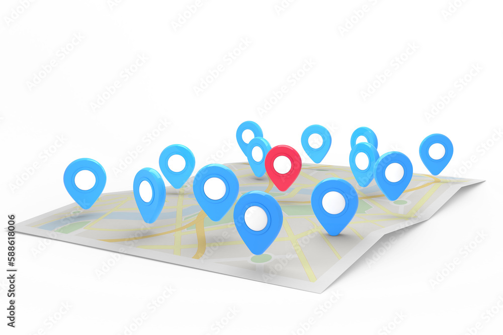 Poster red pointer surrounded by blue markers on world map