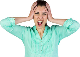 Naklejka premium Portrait of woman with head in hands