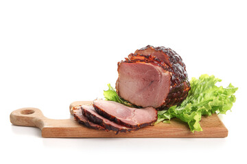 Wooden board with tasty smoked ham isolated on white background
