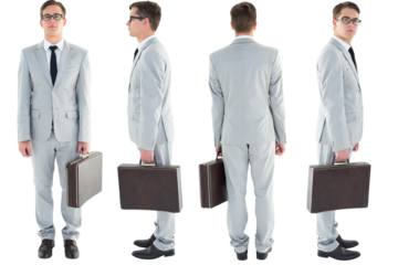 Multiple image of serious businessman holding briefcase