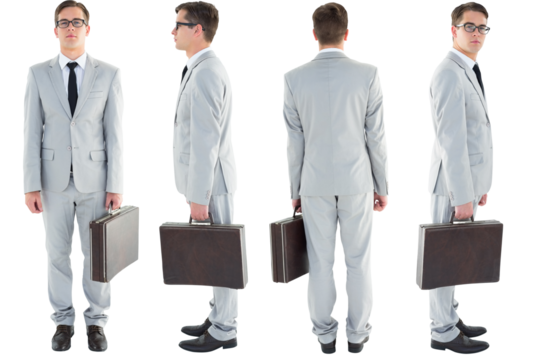 Multiple image of serious businessman holding briefcase