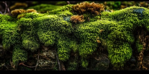 Green moss background. Wildlife landscape. Wide banner. Copy space. Design. Empty space for the product