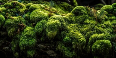 Green moss background. Wildlife landscape. Wide banner. Copy space. Design. Empty space for the product