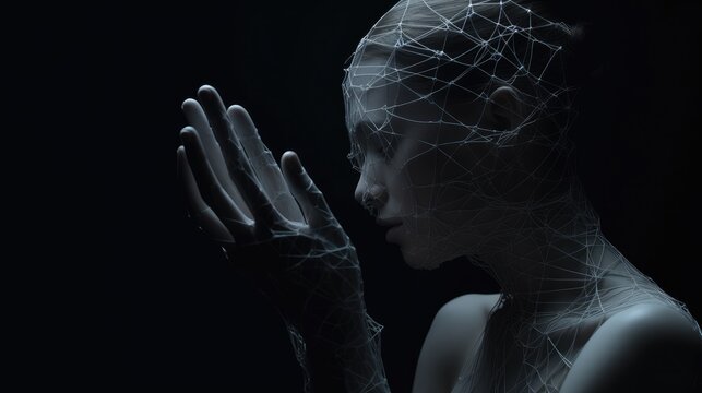 Artificial intelligence technology concept. Emerging technologies augmenting human capabilities. Dark abstract illustration. Gen AI