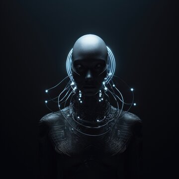 Artificial intelligence technology concept. Emerging technologies augmenting human capabilities. Dark abstract illustration. Gen AI