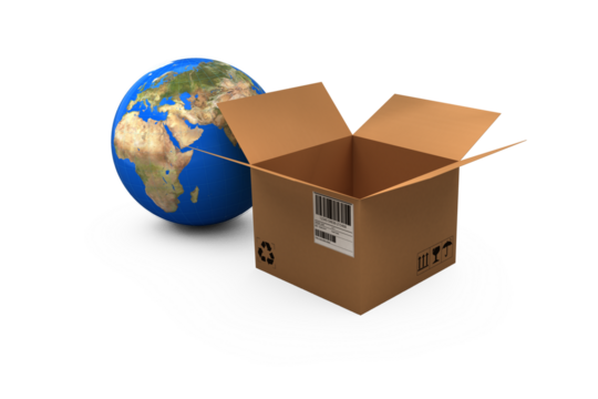Planet earth and brown cardboard box