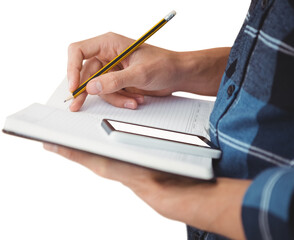 Cropped image of businessman writing with pencil on book
