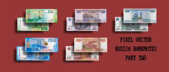 Vector set of pixelated mosaic banknotes of the Russian Federation. Bills in denominations of 200, 500, 1000, 2000 and 5000 rubles. Part two.