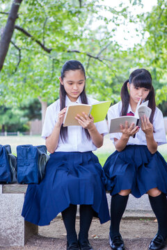 ベンチで勉強する中学生