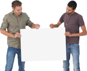 Attractive men holding blank card and looking at it