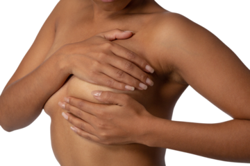 Woman standing shirtless for breast cancer awareness against white background