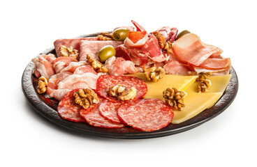 Plate with assortment of tasty deli meats and cheese isolated on white background