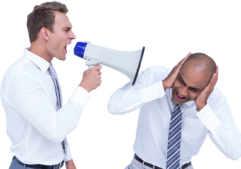 Businessman yelling with a megaphone at his colleague