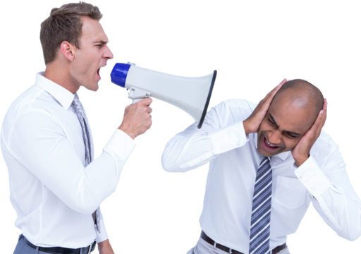Businessman yelling with a megaphone at his colleague - Powered by Adobe