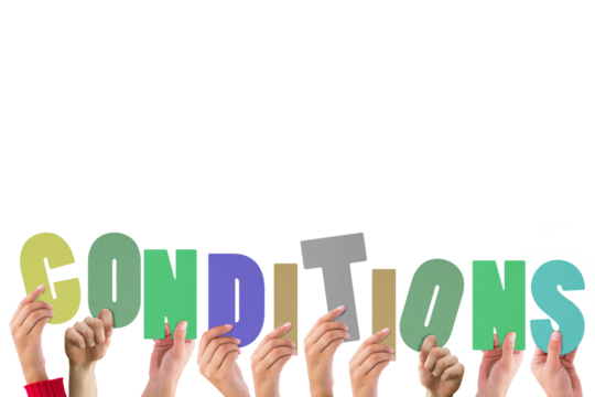 Colorful alphabet spelling condition held up by people - Powered by Adobe