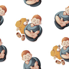 Seamless pattern with sleeping baby boy, bodysuit, shoes and baby bottle. Newborn, Childbirth, Baby care, babyhood, childhood, infancy concept. Vector illustration.