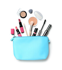Bag with decorative cosmetics and makeup brushes isolated on white background
