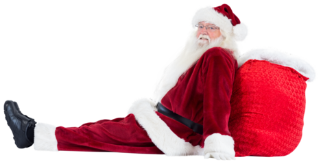Santa sits leaned on his bag
