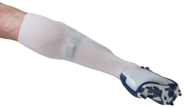 Close up of football players leg with sock and boot