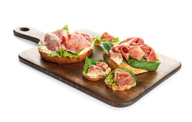 Tasty ham, jamon bruschettas with lettuce and spinach on white background