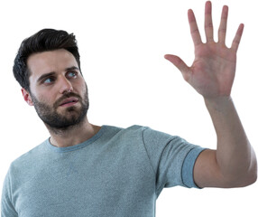 Man touching invisible screen