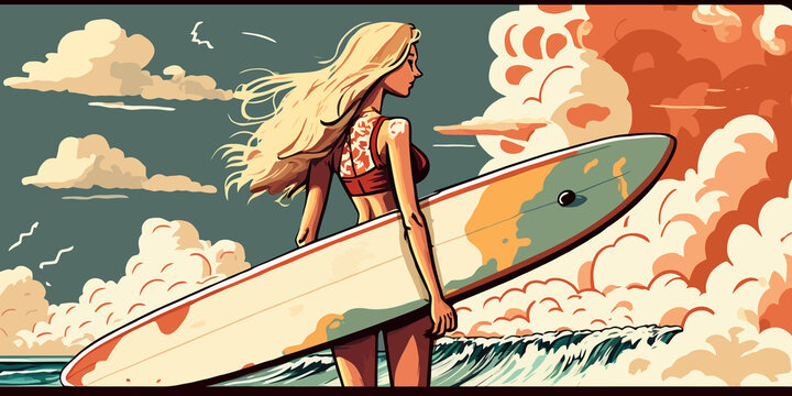 Girl goes surfing. Cartoon vector style. Generative AI technology.