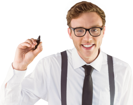 Geeky businessman writing with marker - Powered by Adobe