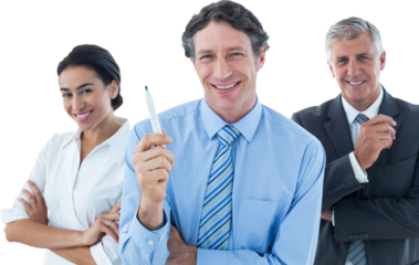 Smiling business people brainstorming together