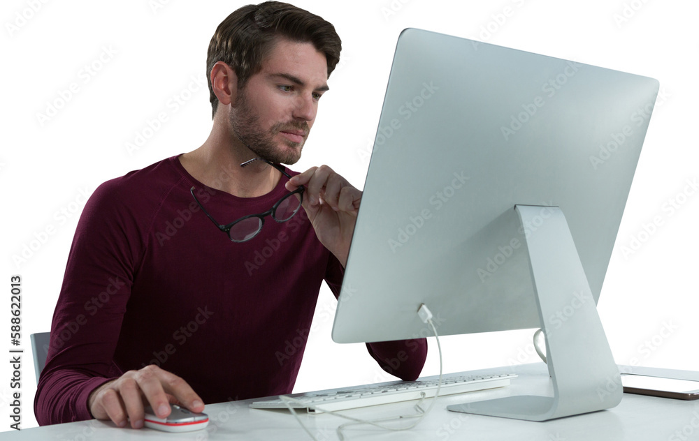 Poster man using computer
