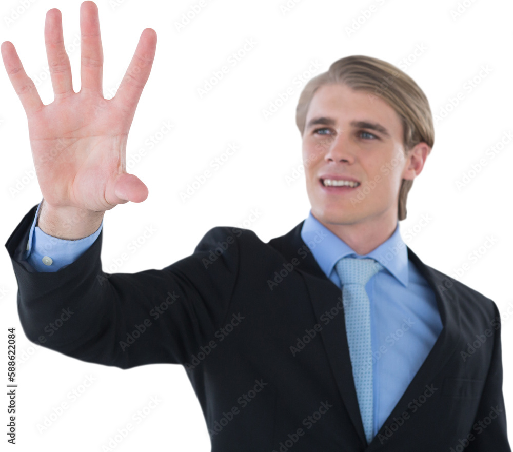 Poster smiling businessman gesturing on invisible interface