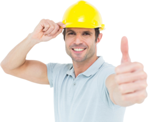 Architect wearing hardhat while showing thumbs up sign