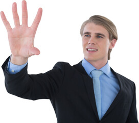 Smiling businessman gesturing on invisible interface