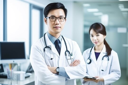 An image of a male doctor standing alongside a nurse in a hospital. AI-generated images