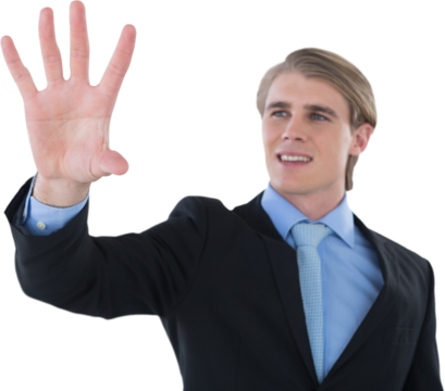 Smiling businessman gesturing on invisible interface