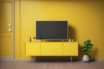 Television put on tv stand wood table, in minimal empty space room background yellow wall AI Generative	
