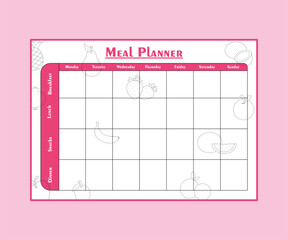 Simple blank meal planner template for one week, vector illustration, weekly schedule, diet meal plan