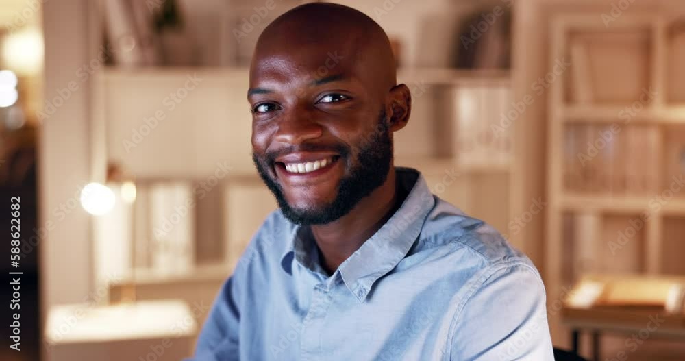 Poster Happy, smile and business with black man in office at night for focus, overtime and professional. Executive, happiness and late with portrait of male employee for pride, confident and startup