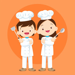 Cute Boy and Girl cooking in kitchen Character child chef profession