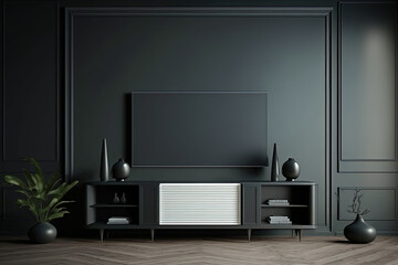 Fototapeta premium Television put on tv stand wood table, in minimal empty space luxury room background AI Generative 
