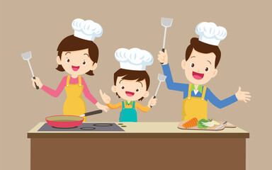happy family with mother father and children boy girl cooking in kitchen