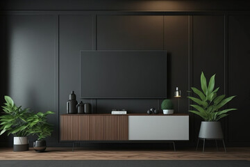 Television put on tv stand wood table, in minimal empty space luxury room background AI Generative	
